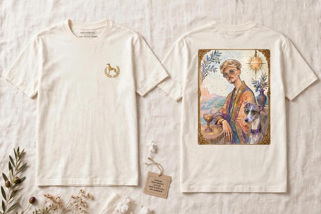 和多氏 HEAVYWEIGHT T-SHIRT OFF-WHITE DAY – 前面の金刺繍家紋と背面の皇帝プリント